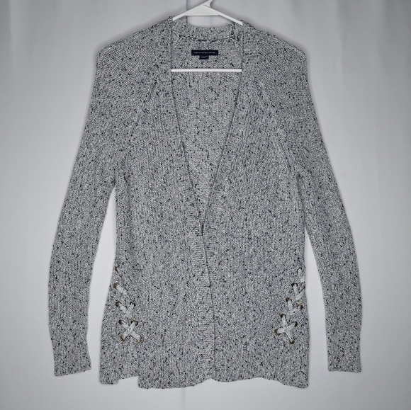 American Eagle Cardigan Sweater XS Gray Laced Hem Open Front Ribbed Knit Stretch - Picture 2 of 9